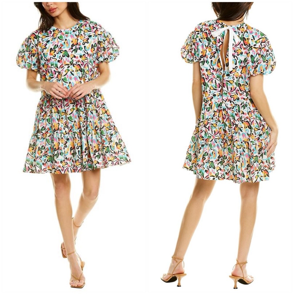 Like New Tanya Taylor Women Lily Floral Print Tie-Back Dress Puff Sleeve White